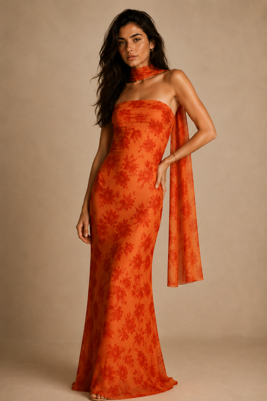 Elegant Floral Scarf Neck Maxi Dress
