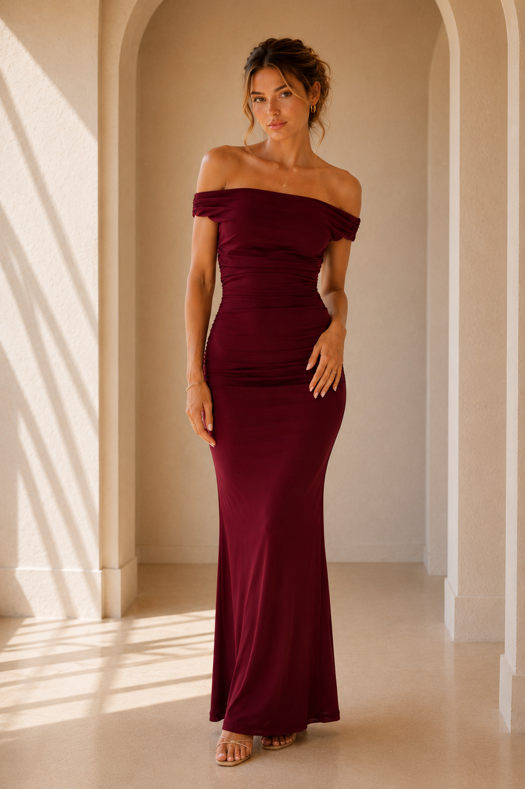 Burgundy Off Shoulder Ruched Maxi Dress