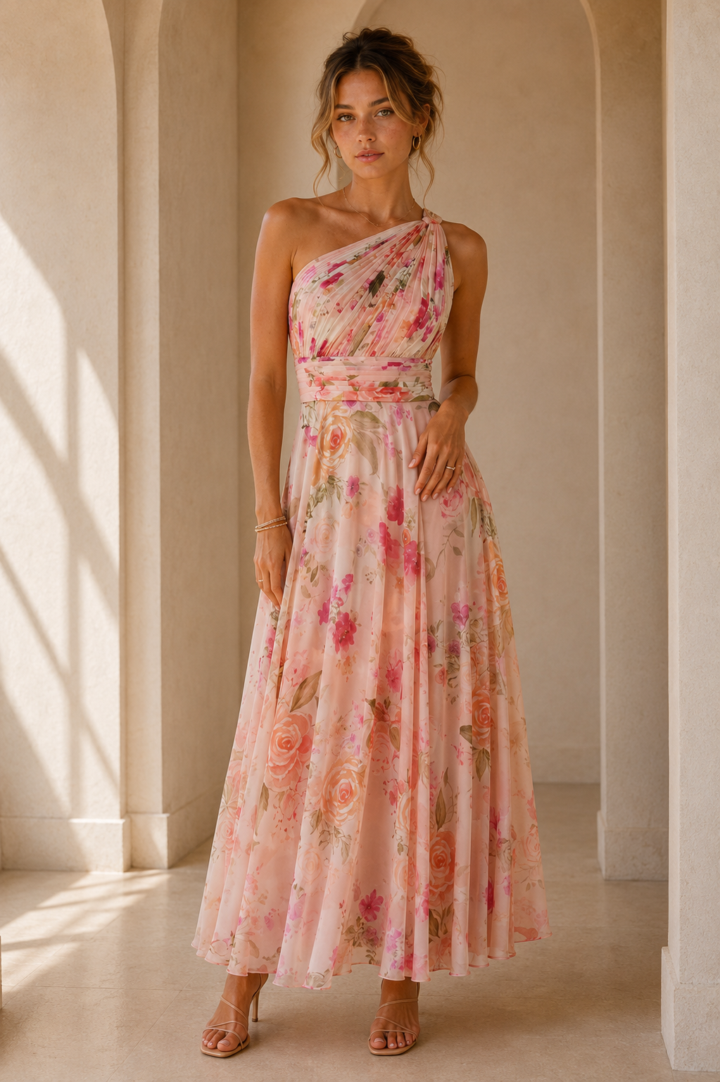 Blush Floral One Shoulder Midi Dress