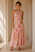 Blush Floral One Shoulder Midi Dress