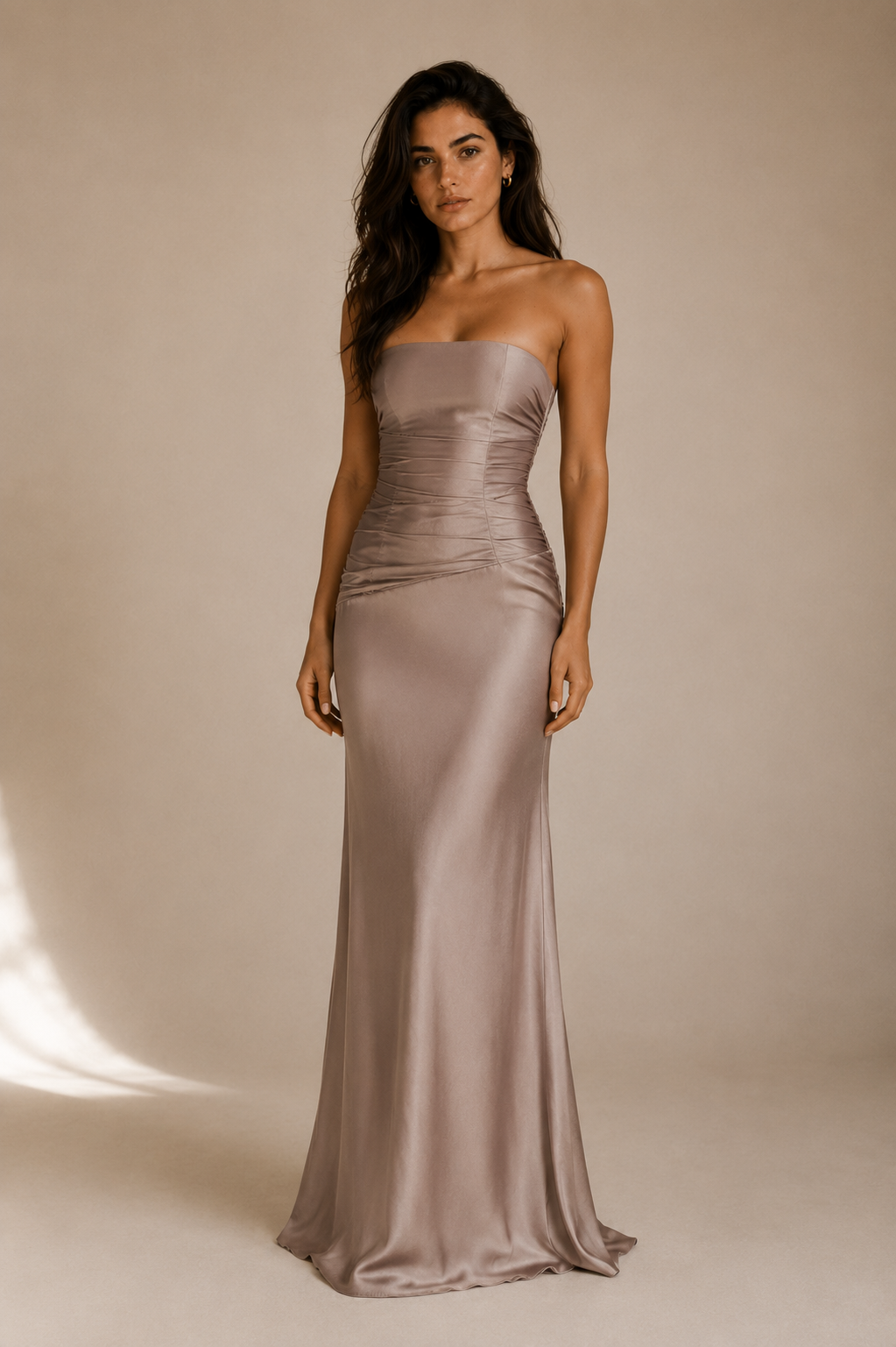 Luxury Taupe Strapless Satin Maxi Dress