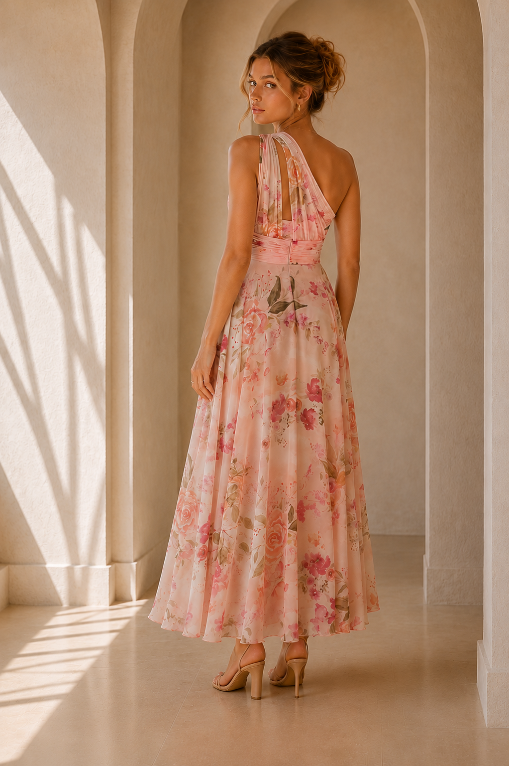 Blush Floral One Shoulder Midi Dress