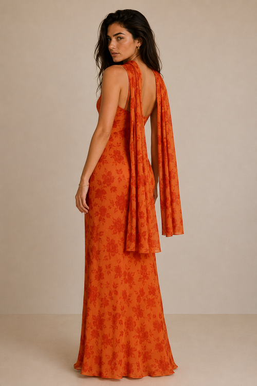 Elegant Floral Scarf Neck Maxi Dress