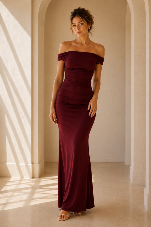 Burgundy Off Shoulder Ruched Maxi Dress