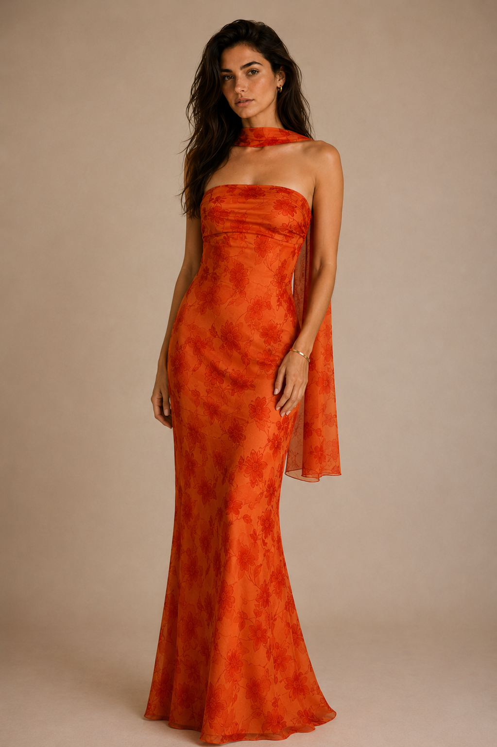 Elegant Floral Scarf Neck Maxi Dress