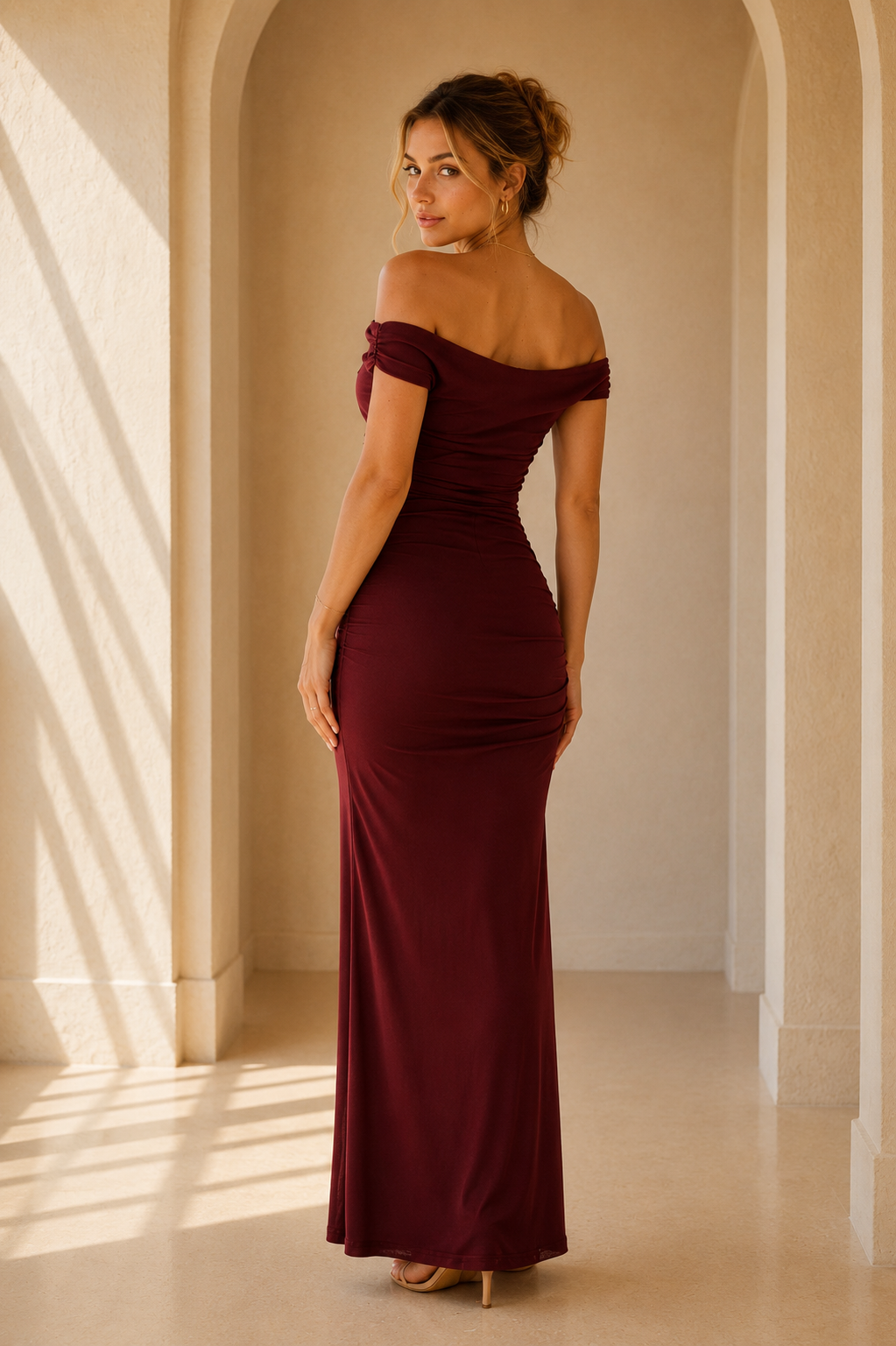 Burgundy Off Shoulder Ruched Maxi Dress