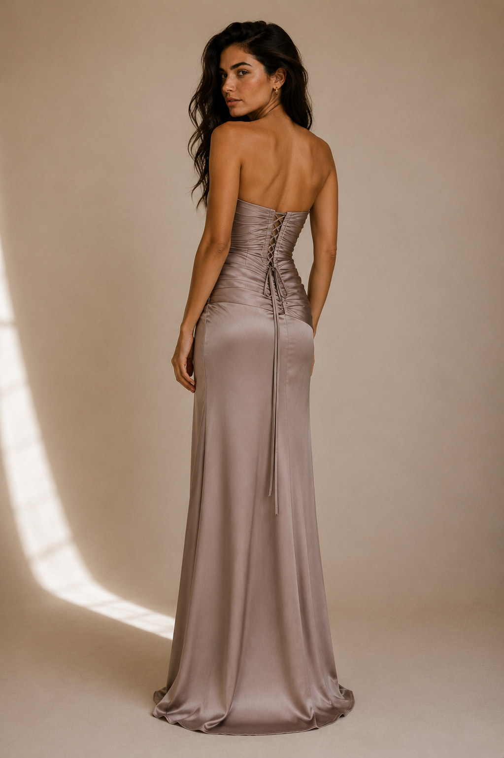 Luxury Taupe Strapless Satin Maxi Dress