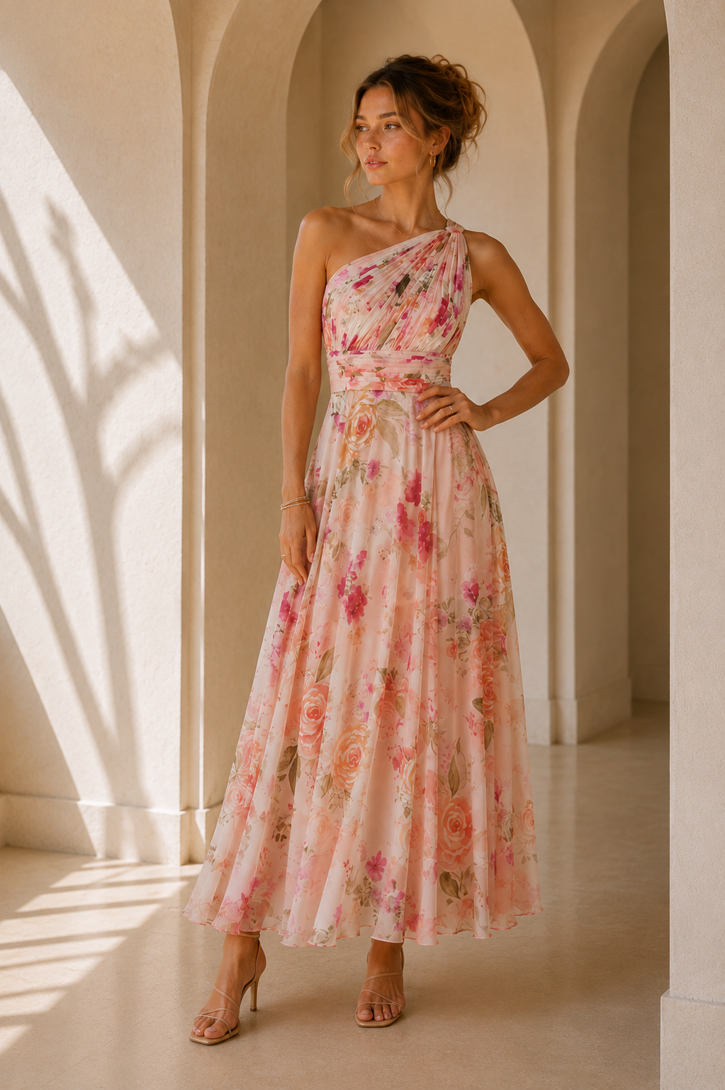 Blush Floral One Shoulder Midi Dress