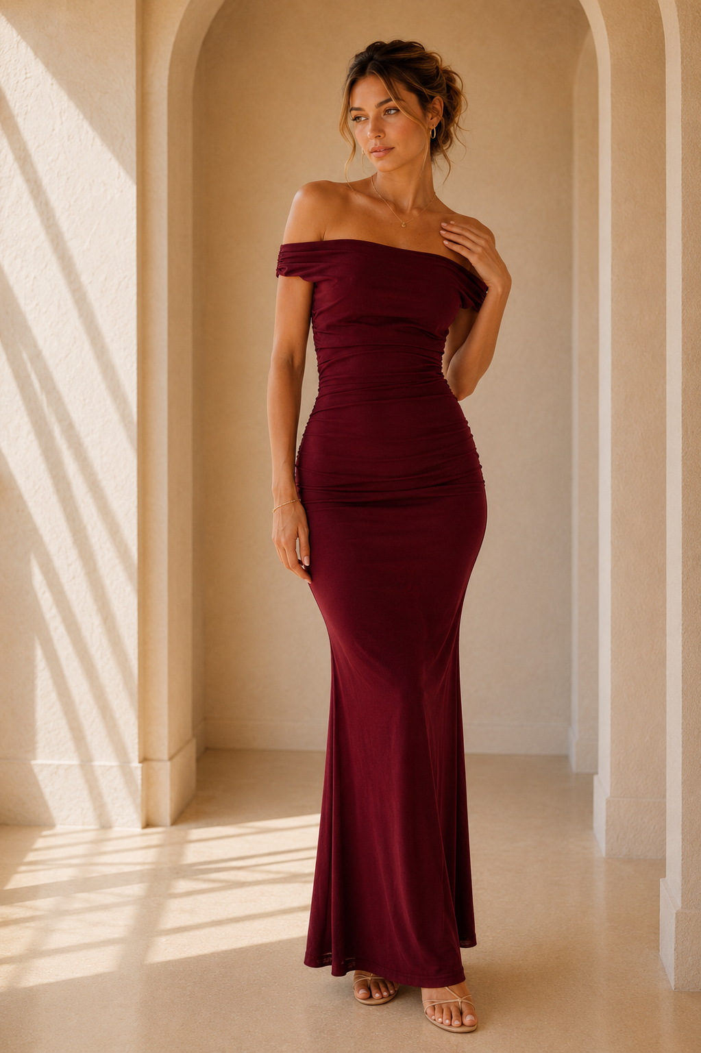 Burgundy Off Shoulder Ruched Maxi Dress