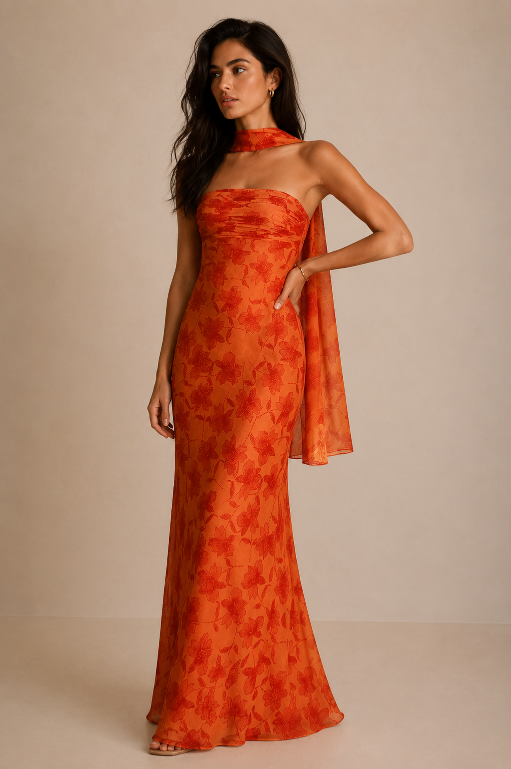 Elegant Floral Scarf Neck Maxi Dress
