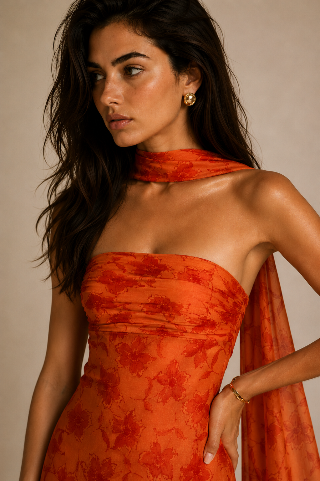 Elegant Floral Scarf Neck Maxi Dress