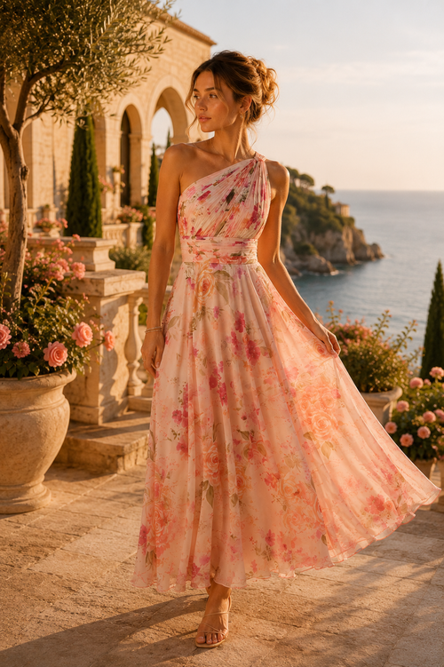 Blush Floral One Shoulder Midi Dress